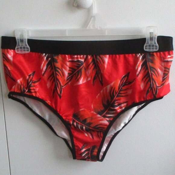 Womens Tropical High-Waist Bikini Set 2XL Red & Black Leaf Print Adjustable Stra - Picture 2 of 5